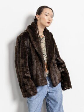 Vintage Brown Faux Fur Jacket: 90s Cozy Winter Coat, M/L